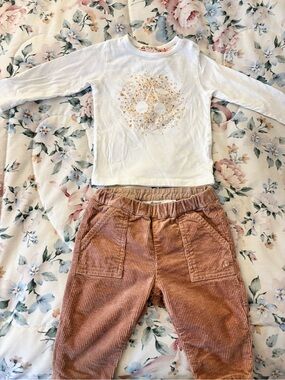 Girl's White Long-Sleeve Top with matching Bonpoint apricot pants